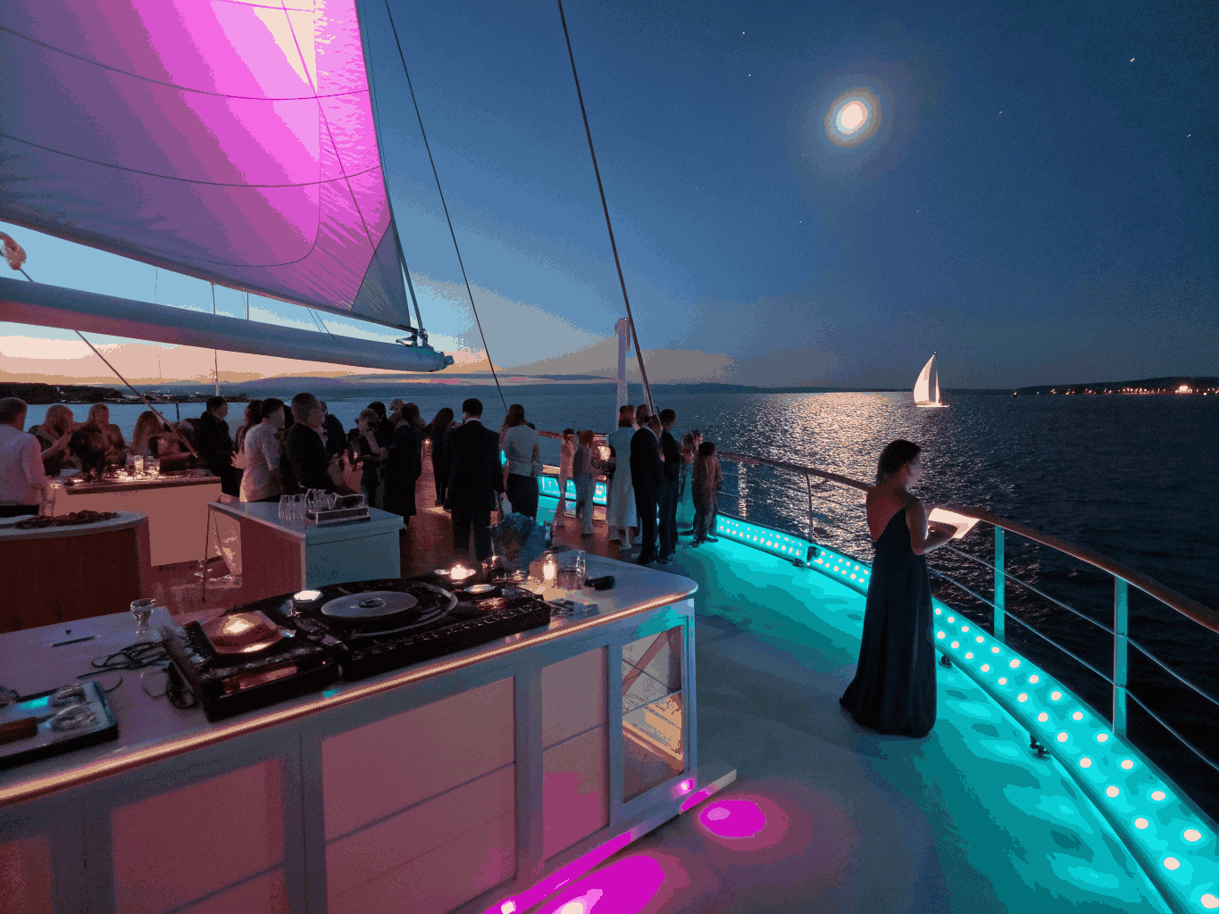 Beleuchtetes Luxusyacht-Deck mit atmosphärischer Abendbeleuchtung